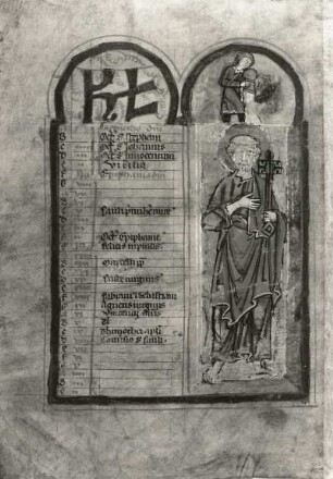Calendarium perpetum : Calendarium perpetum. 1. Kalenderblatt mit dem heiligen Petrus und dem Zeichen Wassermann. Pergament, Blattgrööße 22,4 x 15,5 cm