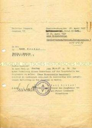 Schreiben mit der Aufforderung zur Meldung beim "Deutschen Jungvolk"