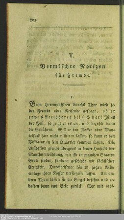 V. Vermischte Notitzen für Fremde
