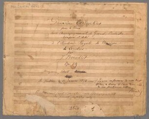 Concertino, pf, orch, op. 29, Es-Dur - BSB Mus.Schott.Ha 4672-2 : [title page:] Deuxième Concertino // pour le Piano // avec Accompagnement de Grand Orchestre // composé et dedié // à l'Academie Royale de Musique // de Londres // par| J. Bendict // Op: 29 // Mayence, Schott, [crossed out: "Londres // Paris"] // à publier le 1.|e Janvier 1838 // Ce morceau peut s'executer sans accompagnement // en jouant les petites notes