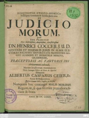 Disquisitio Ethico-Nomica Principiis Gentium & Civilis Iuris nixa De Iudicio Morum