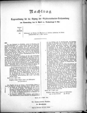 Anlage: Nachtrag zur Tagesordnung für die Sitzung, 2. April 1884