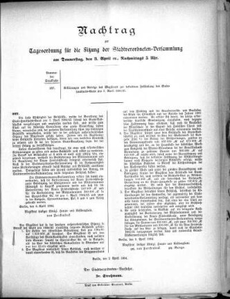 Anlage: Nachtrag zur Tagesordnung für die Sitzung, 2. April 1884