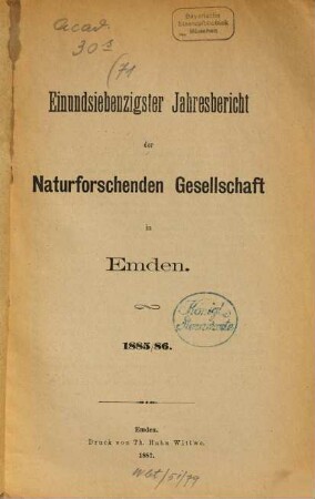 Jahresbericht der Naturforschenden Gesellschaft in Emden. 71, 71. 1885/86