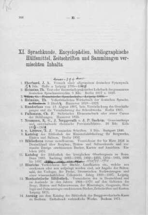 XI. Sprachkunde, Encyclopädien, bibliographische Hülfsmittel, Zeitschriften und Sammlungen vermischten Inhalts