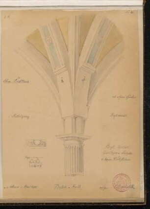 Gewölbeansatz der Erdgeschosshalle mit Rippen und Gurtbögen über einer dorischen Säule (Ansicht), Detailskizze von einem Eierstab und zwei Kanneluren