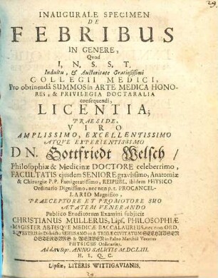 Inaugurale Specimen De Febribus In Genere