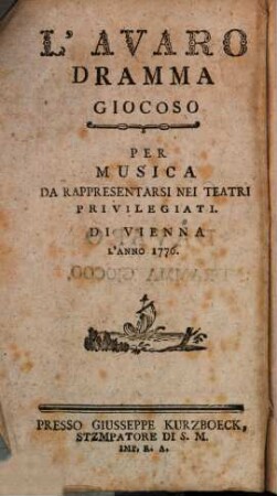L' avaro : Dramma giocoso