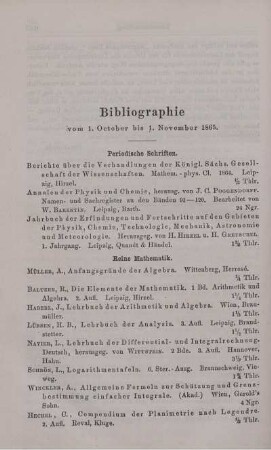 Bibliographie vom 1. October bis 1. November 1865.