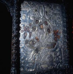 Nísyros, Kloster Panagía Spilianí. Silber-Oklad, 18. Jh., einer Ikone des Marientodes