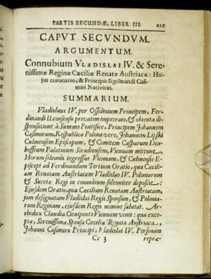 Caput Secundum. Argumentum. Connubium Vladislai IV. & Serenissimæ Reginæ Cæciliæ Renate Austriacæ [...]