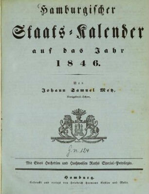Hamburgischer Staats-Kalender : auf das Jahr .... 1846