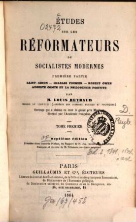 Études sur les réformateurs ou socialistes modernes : Précédée d'une nouvelle préf., du rapport de M. Jay et de celui de M. Villemain. 1
