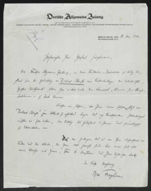 Brief von Max Freyhan von Deutsche Allgemeine Zeitung  an Gerhart Hauptmann