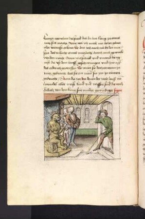 Dimna vor dem Löwenkönig; (Kapitel II: Von dem Löwen und dem Ochsen)