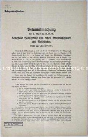 Bekanntmachung des Kriegsministeriums über Höchstpreise von rohen Großviehtierhäuten