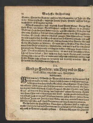 III. Mord zu Sonders/ am Berg und in Malenck: Allda ungefähr 140. Persohnen umbkommen.