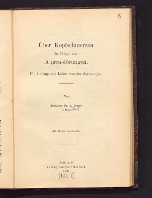 Über Kopfschmerzen in Folge von Augenstörungen : ein Beitrag zur Lehre von der Asthenopie
