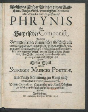 1: Synopsin Musices Poeticae, oder Eine kurtze Einleitung zur Kunst nach dem rechten Grunde zu componiren