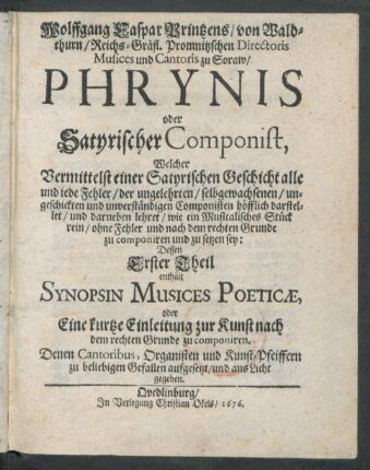 1: Synopsin Musices Poeticae, oder Eine kurtze Einleitung zur Kunst nach dem rechten Grunde zu componiren