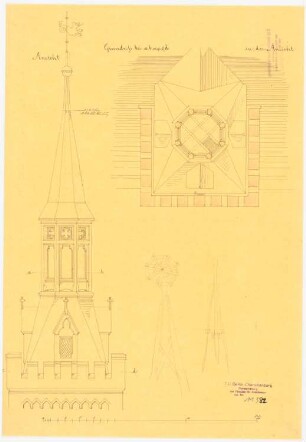 Rathaus, Striegau 4. Projekt: Ausführungsentwurf: Turm in Grundriss und Aufriss Maßstabsleiste