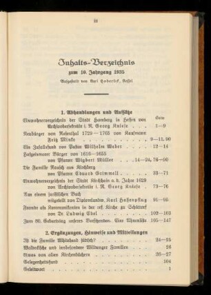 Inhalts-Verzeichnis zum 10. Jahrgang 1935