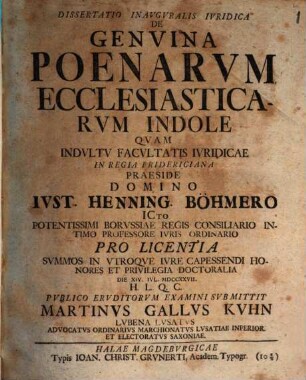 Dissertatio Inavgvralis Ivridica De Genvina Poenarvm Ecclesiasticarvm Indole
