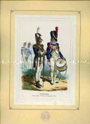 Uniformdarstellung, Tambour-Major und Tambour des Grenadier-Regiments zu Fuß der Kaisergarde, Frankreich, 1804. Tafel aus Saint-Hilaire: : Die Soldaten der französischen Republik und des Kaiserreichs.