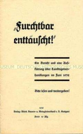 Propagandaschrift des Württembergischen Bauern- und Weingärtnerbundes über die finanzielle Lage