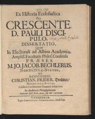 Ex Historia Ecclesiastica De Crescente D. Pauli Discipulo, Dissertatio