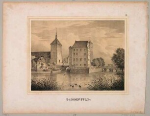 Das Renaissanceschloss in Schönfeld (Dresden-Schönfeld-Weißig), Blick nach Süden, aus dem Album der Rittergüter und Schlösser im Königreiche Sachsen