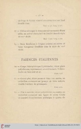 Faiences Italiennes (Nr. 60 - 74)