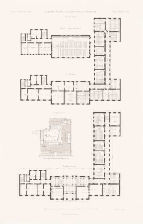 Augusta-Schule nebst Lehrerinnenseminar, Berlin: Lageplan, EG, 1.OG, 2.OG (aus: Atlas zur Zeitschrift für Bauwesen, hrsg. v. F. Endell, Jg. 37, 1887)