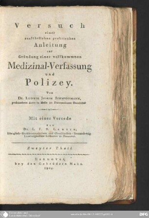 2: Versuch einer ausführlichen praktischen Anleitung zur Gründung einer vollkommnen Medizinal-Verfassung und Polizey