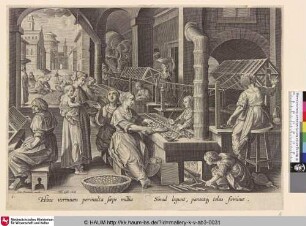[Seide spinnende Frauen verschiedenen Alters; Women of various ages spinning silk]