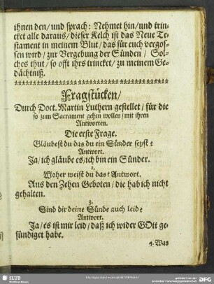 Fragstücken, Durch Doct. Martin Luthern gestellet, für die so zum Sacrament gehen wollen, mit ihren Antworten
