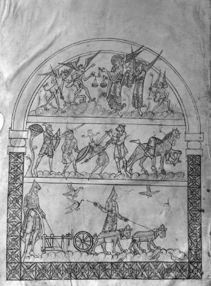 Augustinus, De Civitate Dei — Darstellung des Menschenstaates: Seelenwägung, Untaten und Mühsal, Folio 1verso