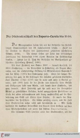 Die Studentenschaft der Ruperto-Carola bis 1840