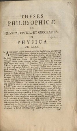 Theses philosophicæ ex physica, optica, et geographia.