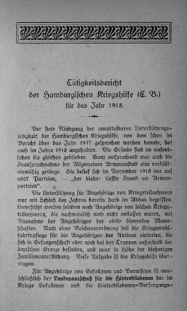 Tätigkeitsbericht der Hamburgischen Kriegshilfe (E. V.) für das Jahr 1918.