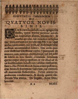 Disputatio Theologica De Quatuor Novissimis