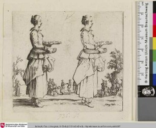 [Zwei Darstellungen einer jungen Bäuerin mit ausgestreckter linker Hand im Profil nach rechts nebeneinander, ausgeführt und als Strichzeichnung; Deux figures...]