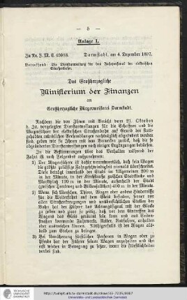 Anlage I. Das Großherzogliche Ministerium der Finanzen an Großherzogliche Bürgermeisterei Darmstadt
