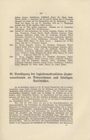 III. Beteiligung der sozialdemokratischen Stadtverordneten an Deputationen und ständigen Ausschüssen