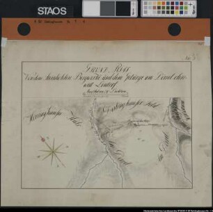 "Grund-Riß von dem Steinkohlen Bergwerke und dem Gebürge am Dörrel ohnweit Lintorf." Hördinghauser Hals- und Bach; Dahlinghauser-Feld und -Bach am Dörrel, mit eingezeichneten Stollen-Linien, Bohrlöchern und Schurfstellen Ausf.-Art: Farbige Zeichnung Herst.: Rausch Format: 34 x 46 cm Maßstab: 1 : 6 000