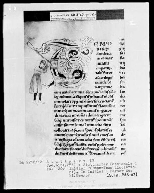 Stuttgarter Passionale — Pars hiemalis (erster Band) — Initiale T (emporibus diocletiani), darin Marter des heiligen Gregor, Folio 120verso
