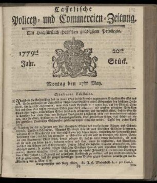 20tes Stueck, Montag den 17ten May. 1779