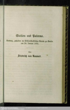 Sicilien und Palermo. Vortrag, gehalten im Wissenschaftlichen Verein zu Berlin am 24. Januar 1863