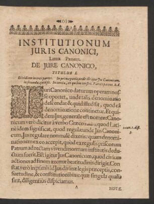 Institutionum Iuris Canonici, Liber Primus.