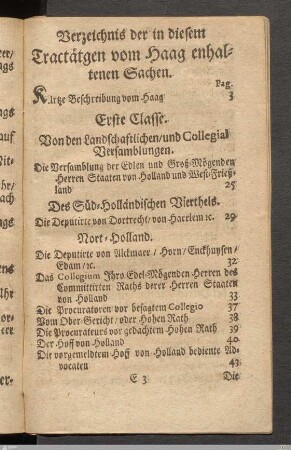 Verzeichnis der in diesem Tractätgen vom Haag enhaltenen Sachen.